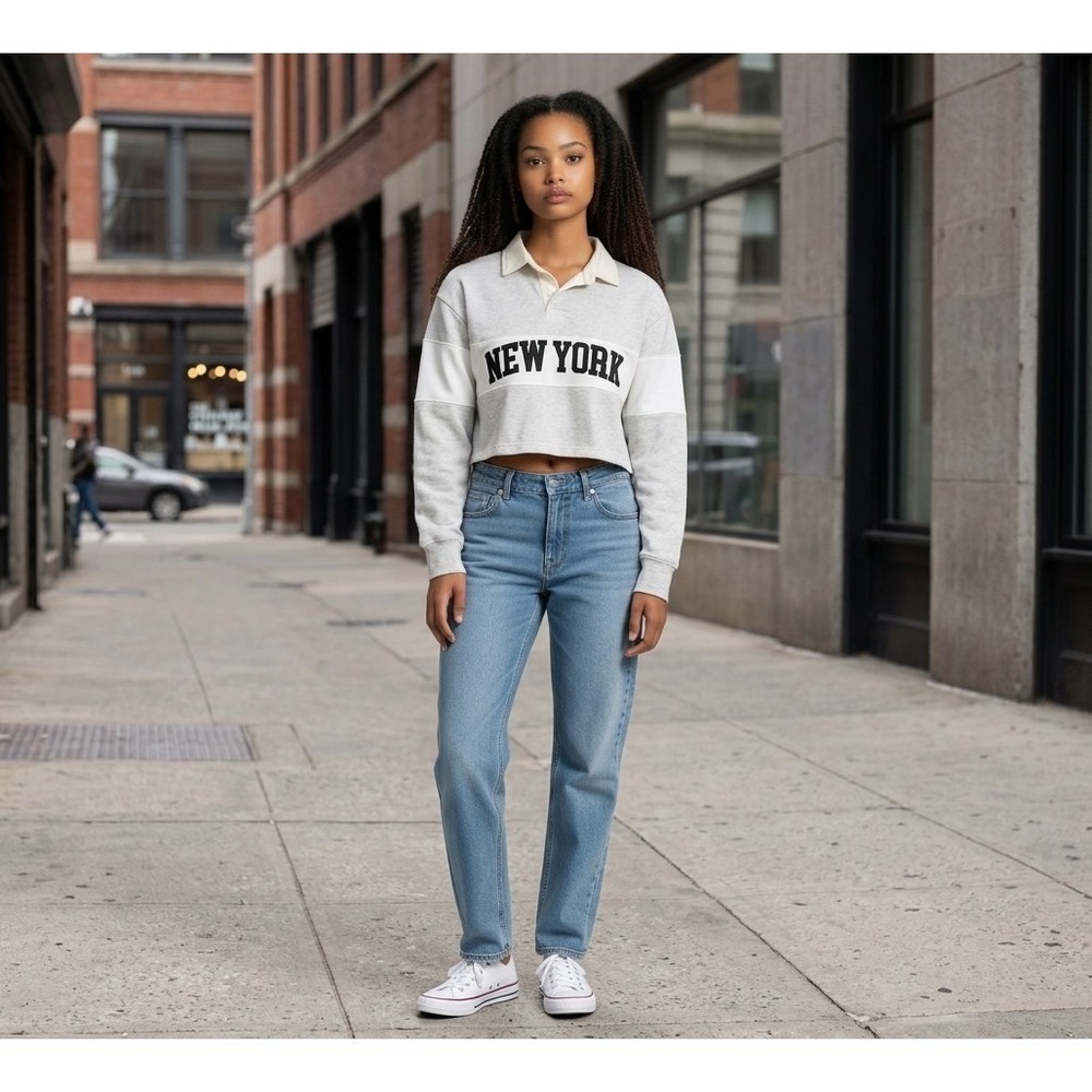 Charlotte Russe Women's Rugby Sweatshirt Grey New York Cropped Polo Size Medium - Picture 5 of 5